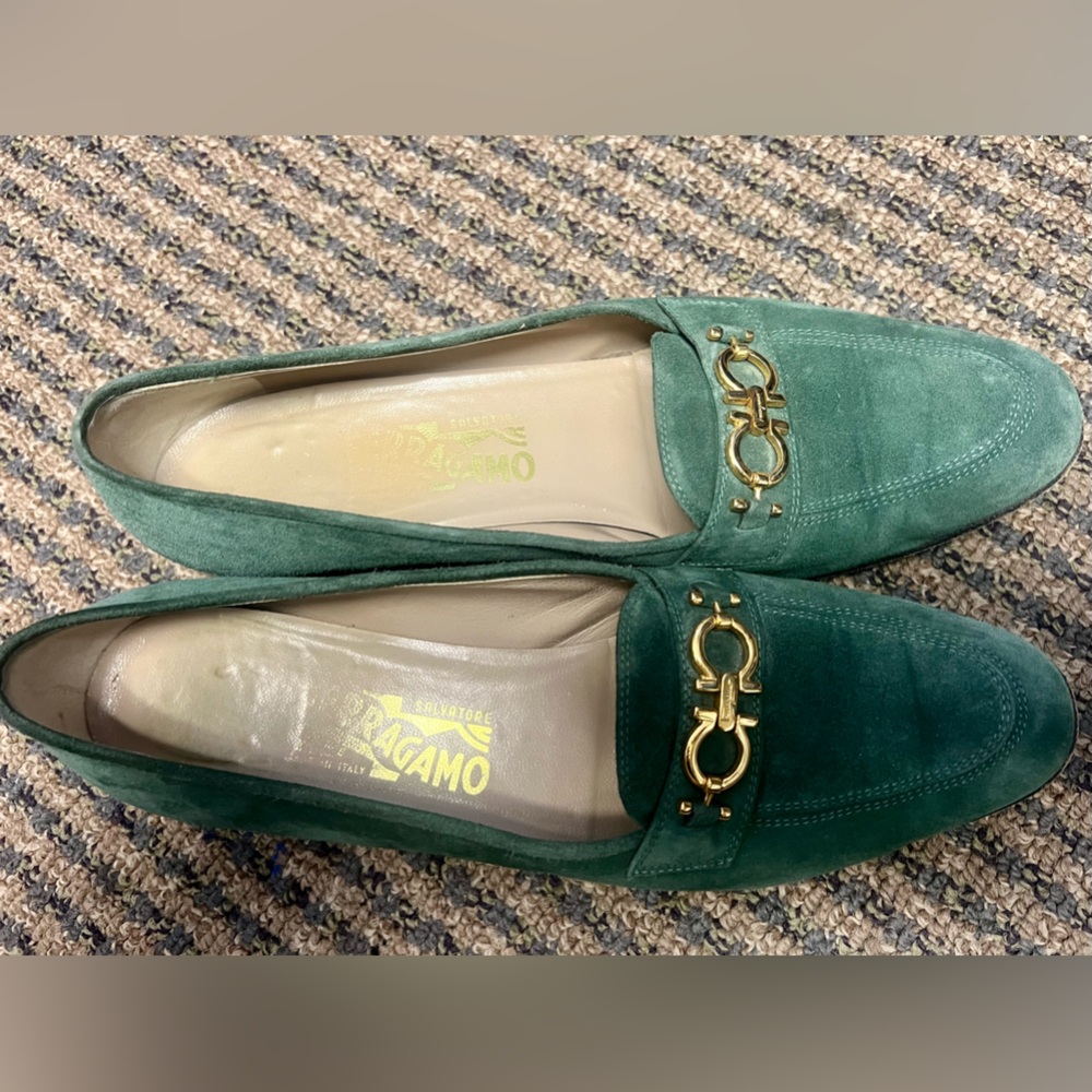 Salvatore Ferragamo Emerald Green Loafers with Gold Detail